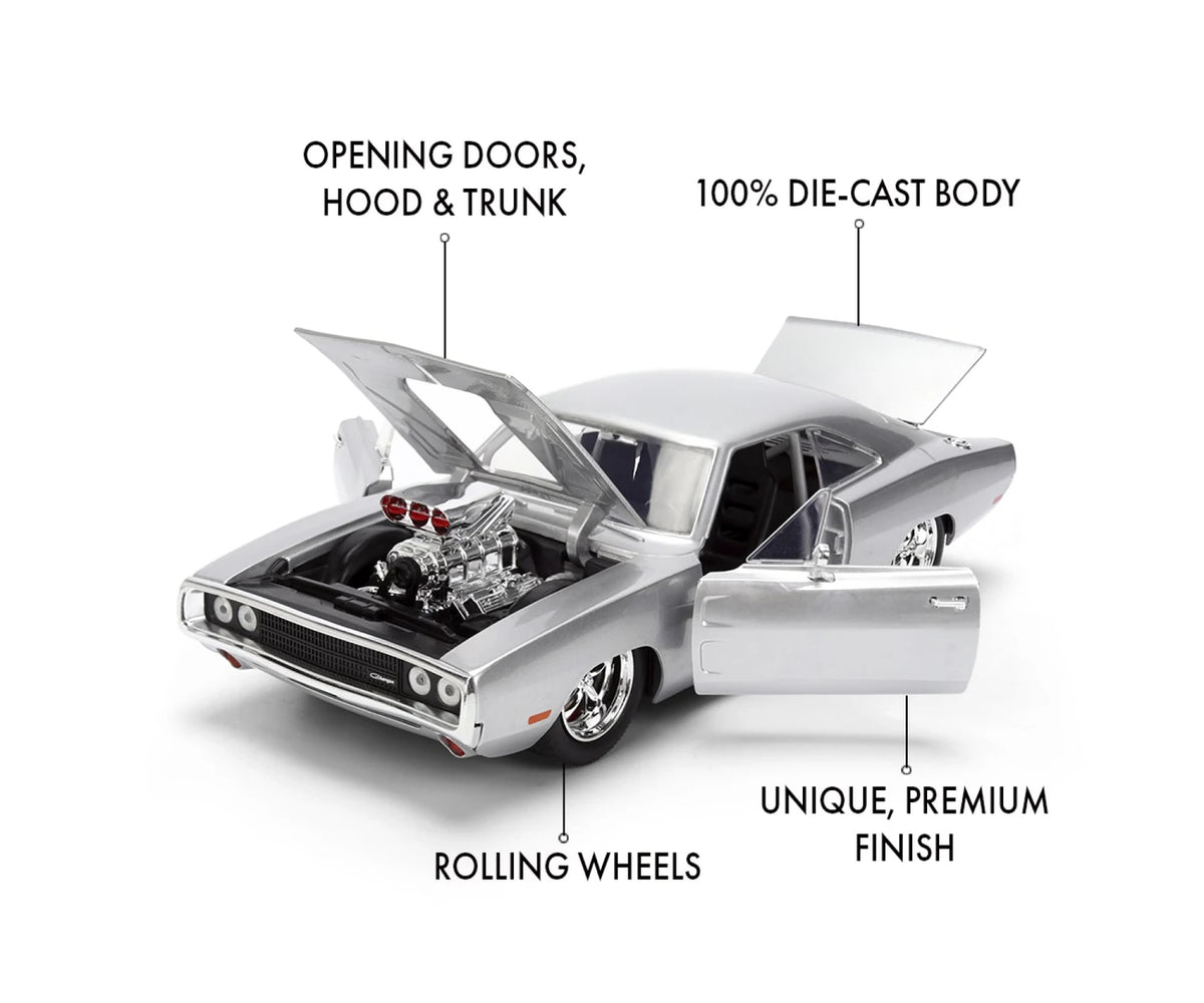 Silver 1970 Dodge Charger diecast model with the doors, bonnet and boot open, revealing the engine compartment and interior, with feature labels.