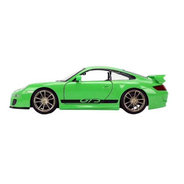 Fast & Furious Porsche 911 GT3 2007 diecast car in green, full side profile view showing rear spoiler, GT3 livery and gold wheels