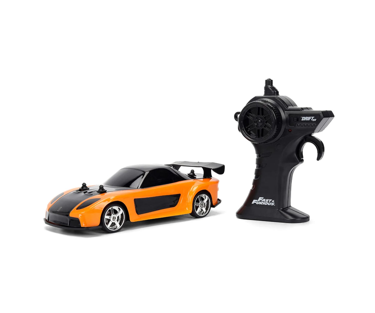 Fast & Furious RC Drift Mazda RX-7 orange remote control car shown from the front and side beside its black pistol grip controller on a white background.
