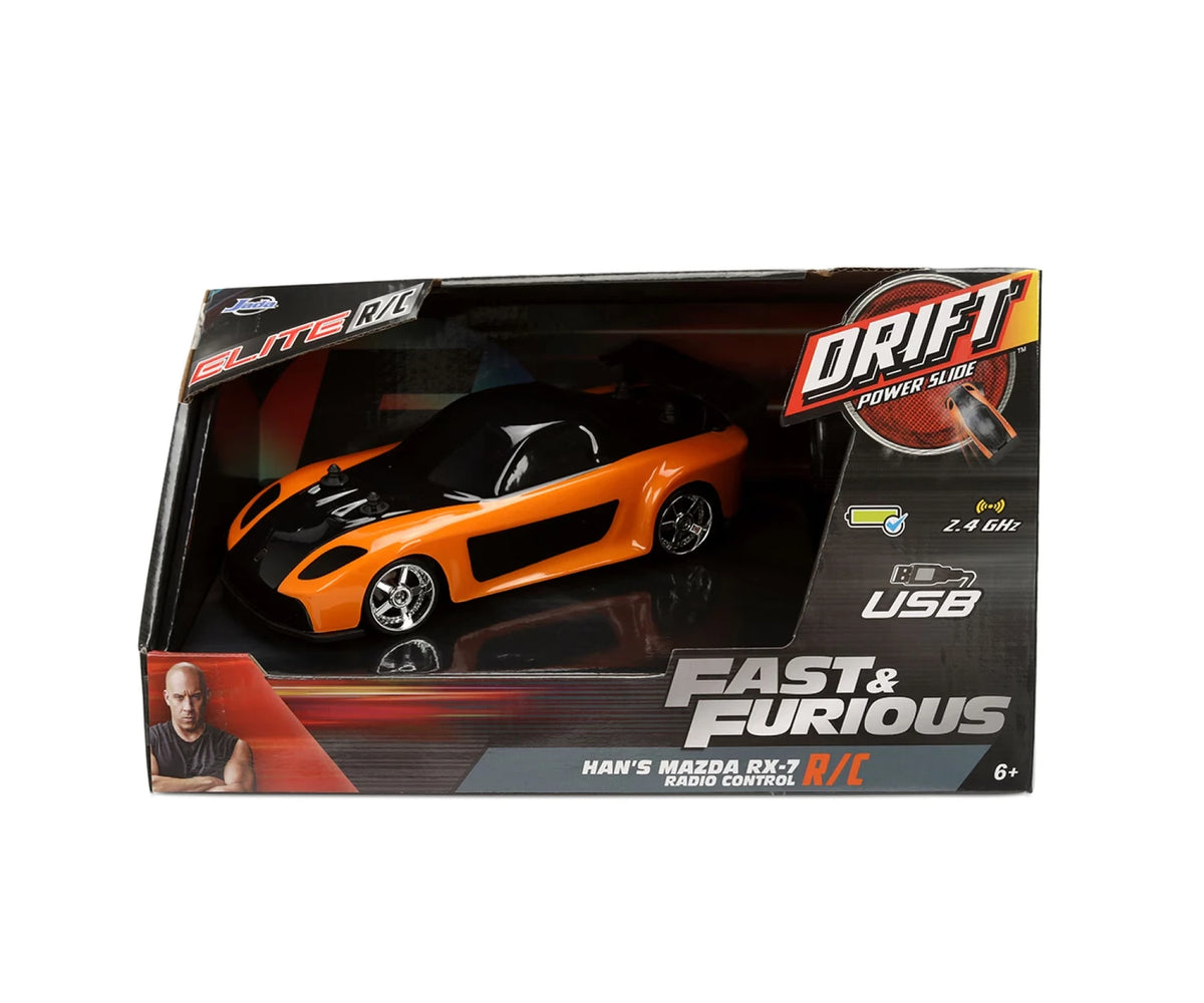 Fast & Furious RC Drift Mazda RX-7 retail packaging displaying the orange car, Drift Power Slide branding, USB charging symbol and Han's Mazda RX-7 name.