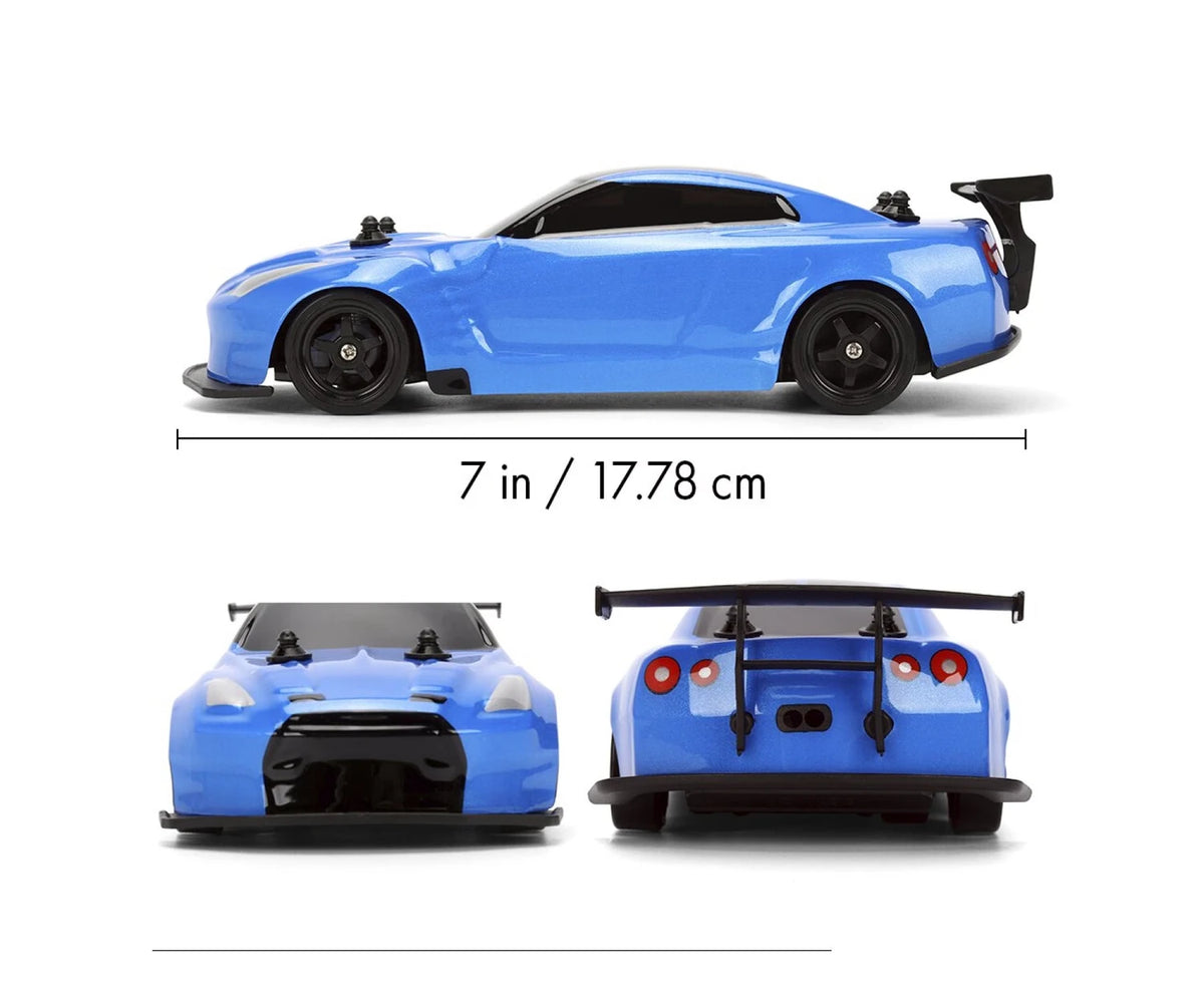 Blue Fast & Furious RC Nissan GT-R R35 shown from the side, front and rear with a vehicle length marking of 17.78 cm.