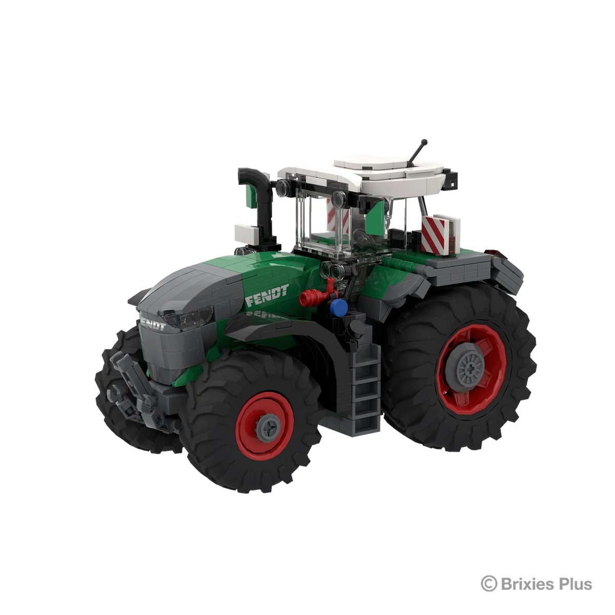 BRIXIES Plus Fendt 1052 Vario viewed from the front side with the front linkage, Fendt bonnet, red and blue hydraulic connections and enclosed cab visible