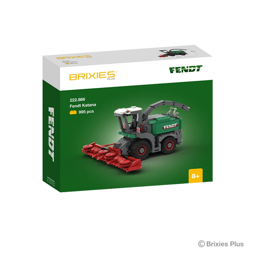 BRIXIES Plus Fendt Katana 65 building set in its green Fendt retail box with the completed forage harvester and red harvesting header pictured on the front