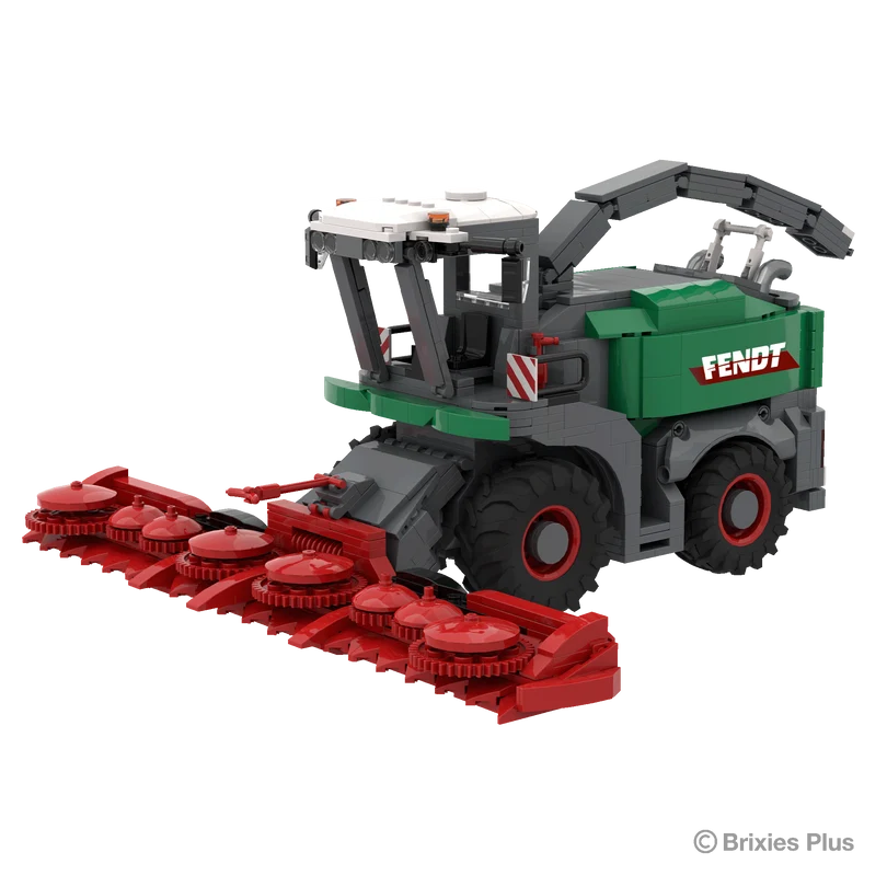 Front right view of the BRIXIES Plus Fendt Katana 65 showing the wide red harvesting header, enclosed cab, green body and raised discharge spout