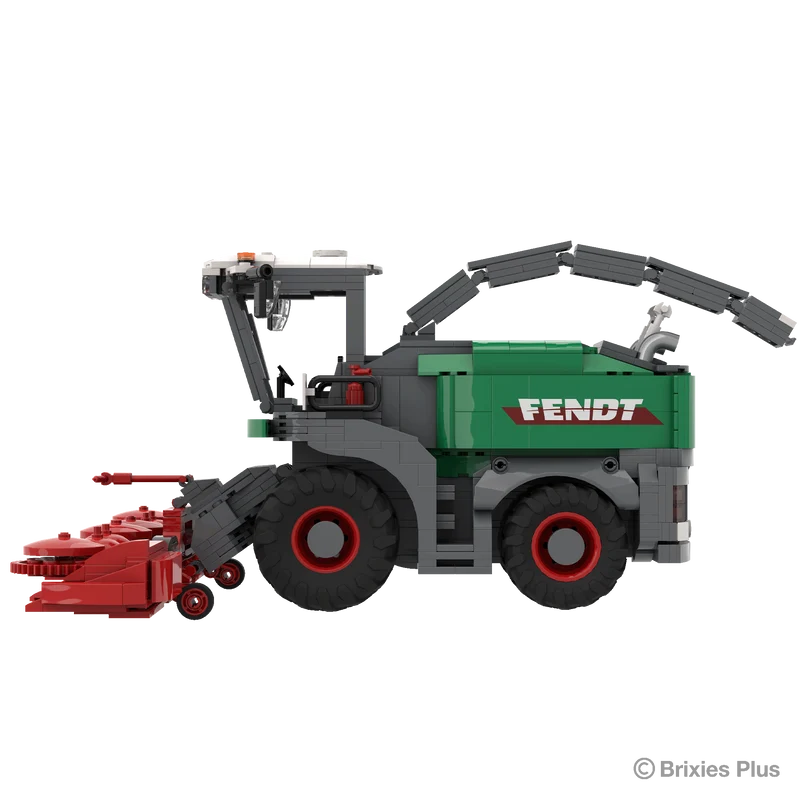BRIXIES Plus Fendt Katana 65 in side profile with the red harvesting header extending left, enclosed cab, green side panels and large rear wheel visible