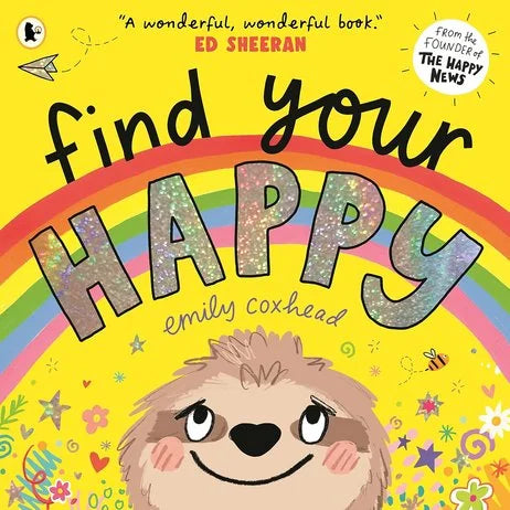 Find Your Happy book cover by Emily Coxhead with smiling sloth and rainbow design in Ireland