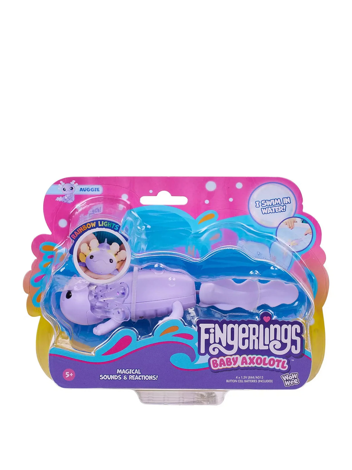 Fingerlings Baby Axolotl Auggie in retail packaging with pink and blue background and rainbow light feature in Ireland
