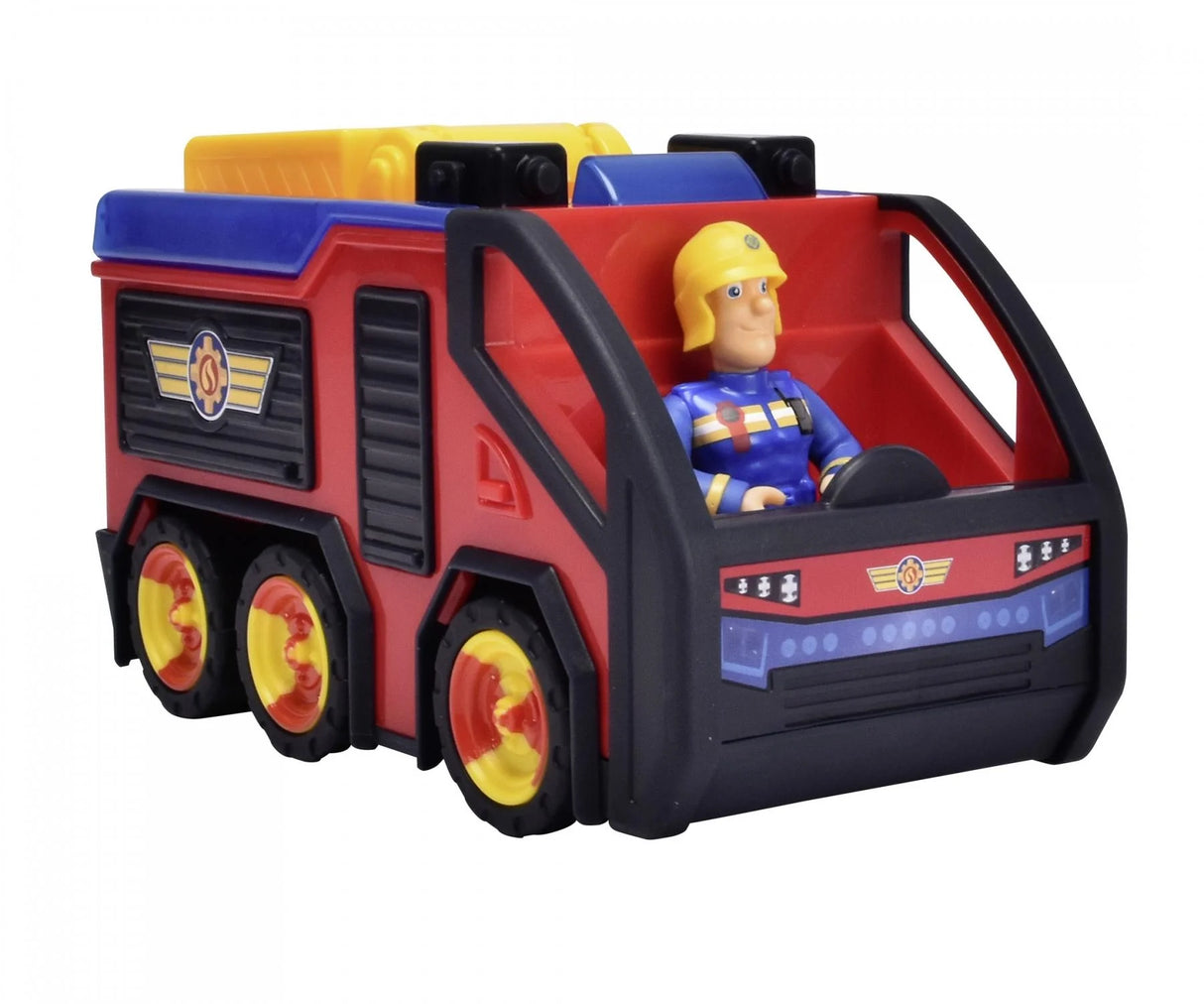 Fireman Sam Junior Jupiter toy fire engine with Sam figure seated inside, red and yellow colours and detailed cabin.