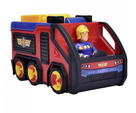 Fireman Sam Junior Jupiter toy fire engine with Sam figure seated inside, red and yellow colours and detailed cabin.