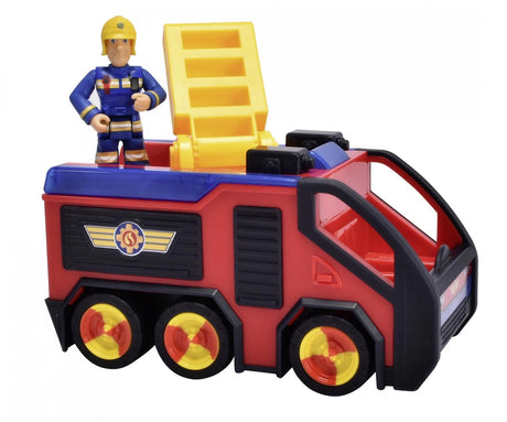 Fireman Sam Junior Jupiter toy with ladder that folds out, Sam figure standing on the rear platform of the red truck.