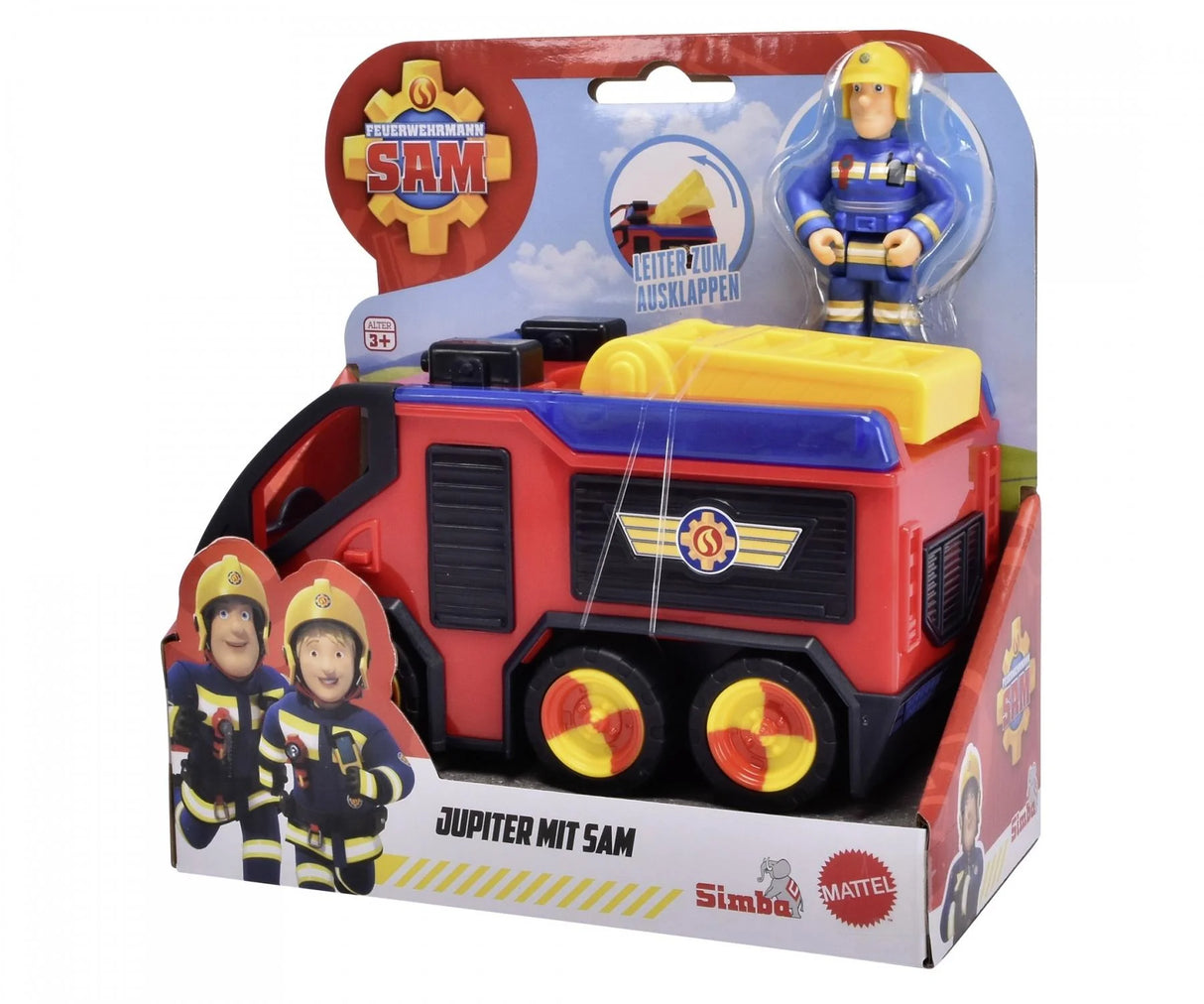 Fireman Sam Junior Jupiter toy fire engine packaged with Sam figure in colourful retail box from Simba Toys.