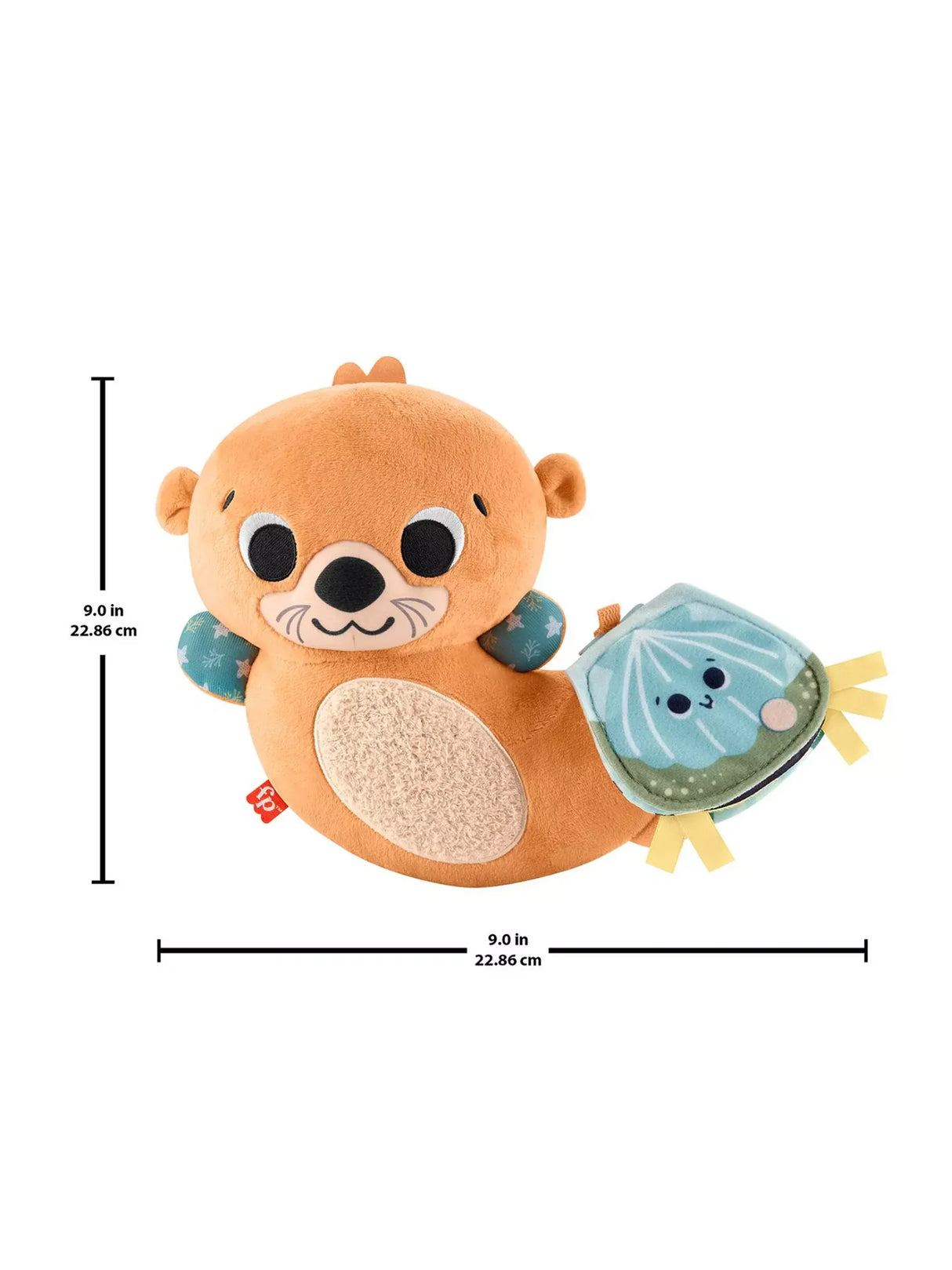 Fisher Price 2-in-1 Tummy Time Otter shown with measurements beside soft sensory book for infants.