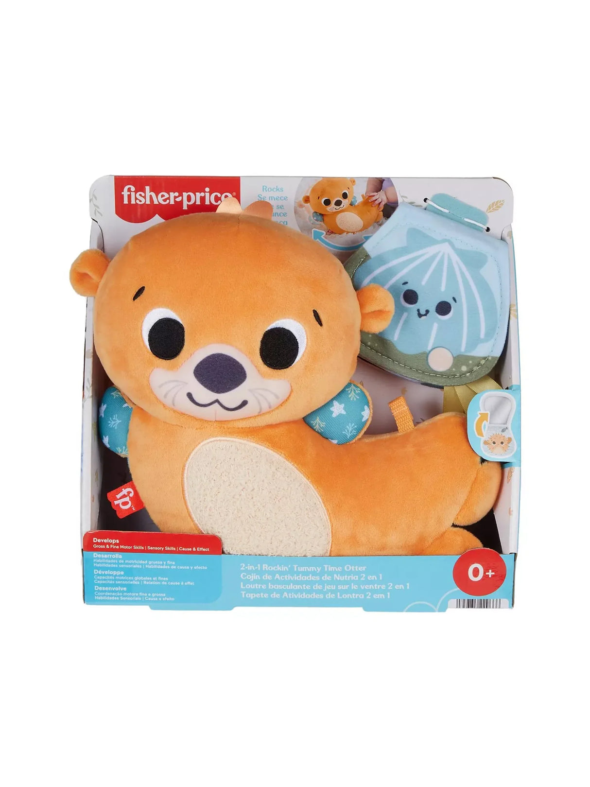 Fisher Price 2-in-1 Tummy Time Otter plush toy and sensory book shown boxed for newborn gift display.