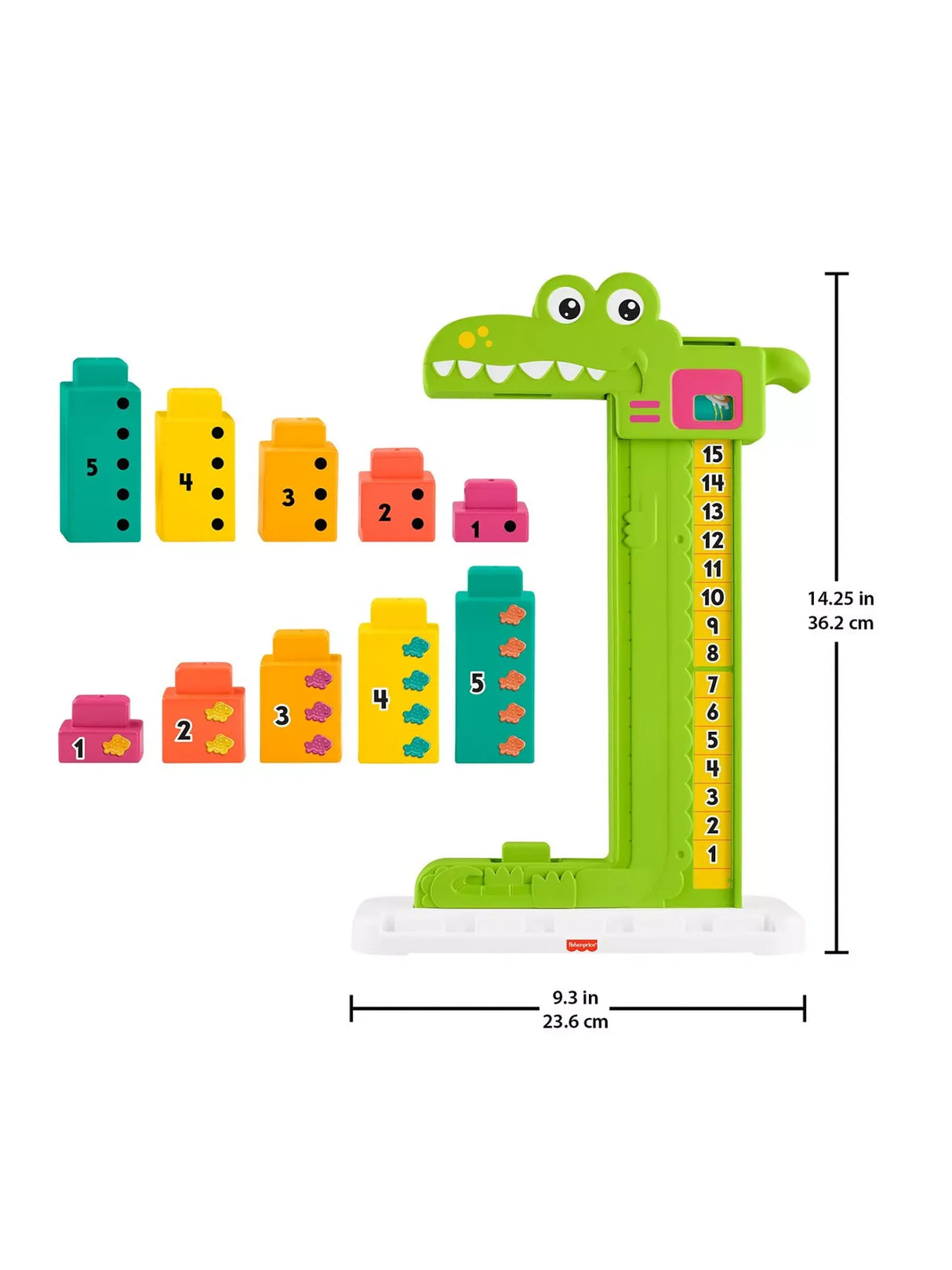 Fisher Price Adding Alligator toy display with block pieces and measurement guide for height and width