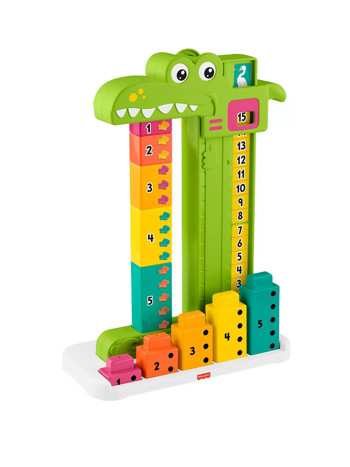 Fisher Price Adding Alligator toy set up with numbered stacking blocks showing addition and counting play