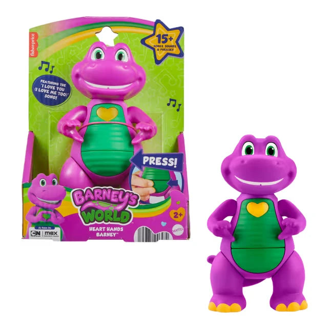 Fisher-Price Barney's World Heart Hands Barney figure shown beside the Barney's World retail packaging