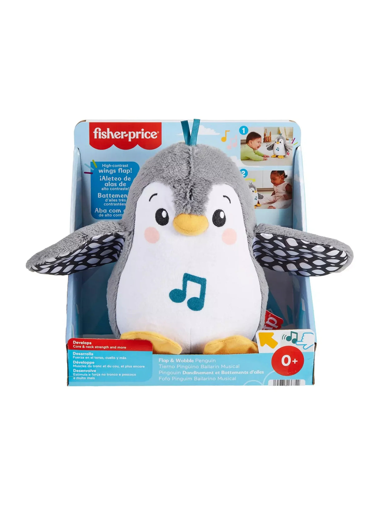 Front of Fisher Price Flap & Wobble Penguin box showing plush musical penguin toy for babies