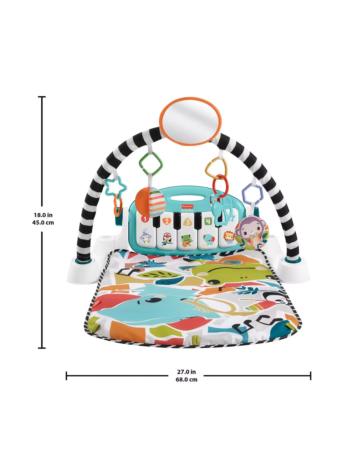Blue Fisher Price Glow and Grow Kick and Play Activity Gym showing dimensions and toy arch height
