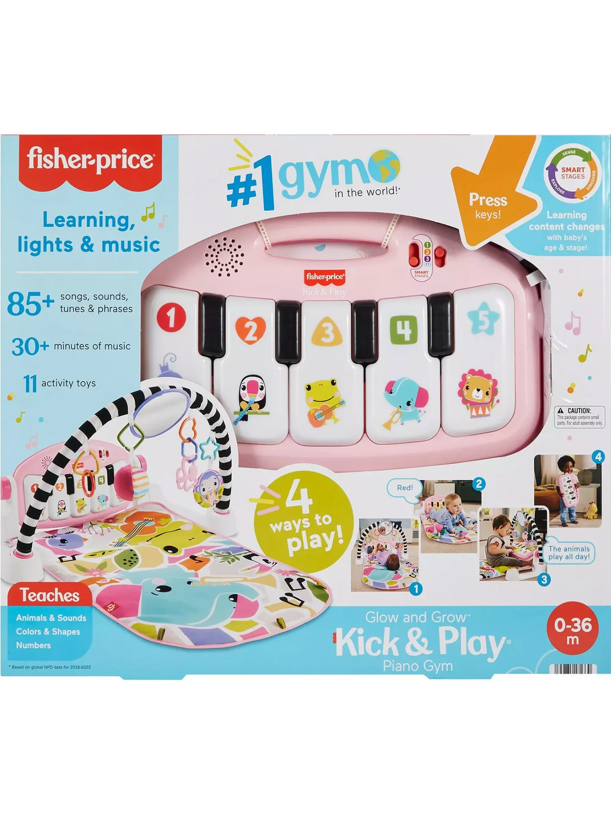 Fisher-Price Glow & Grow Kick & Play Activity Gym packaging highlighting features and four play modes