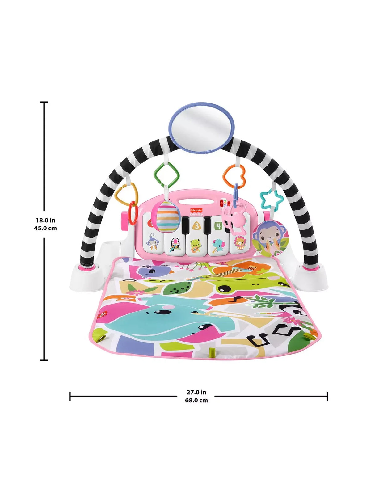 Fisher-Price Glow & Grow Kick & Play Activity Gym showing playmat size and toy arch with hanging toys