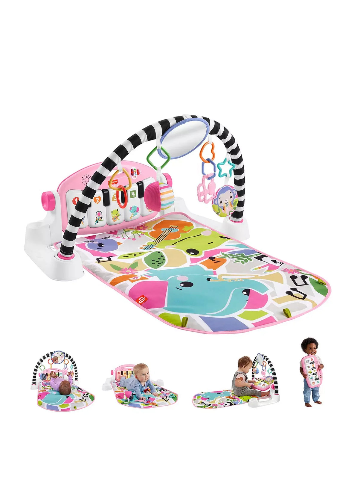 Fisher-Price Glow & Grow Kick & Play Activity Gym in pink with toy arch and light-up piano keys