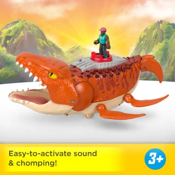 Fisher-Price Imaginext Aquachomp Mosasaurus with figure standing on top of the dinosaur