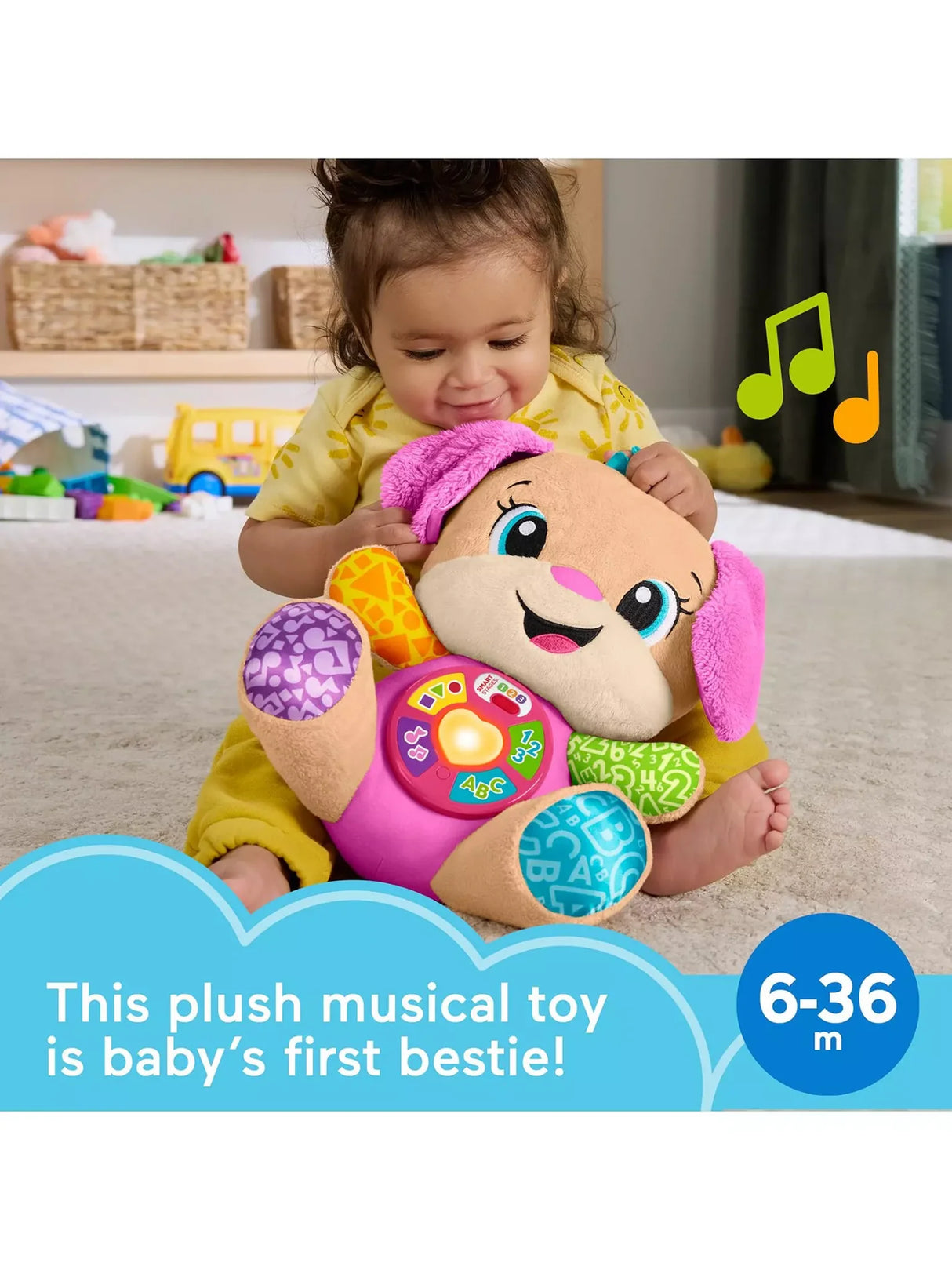 Baby playing with Fisher Price Laugh & Learn My First Words Sister plush toy