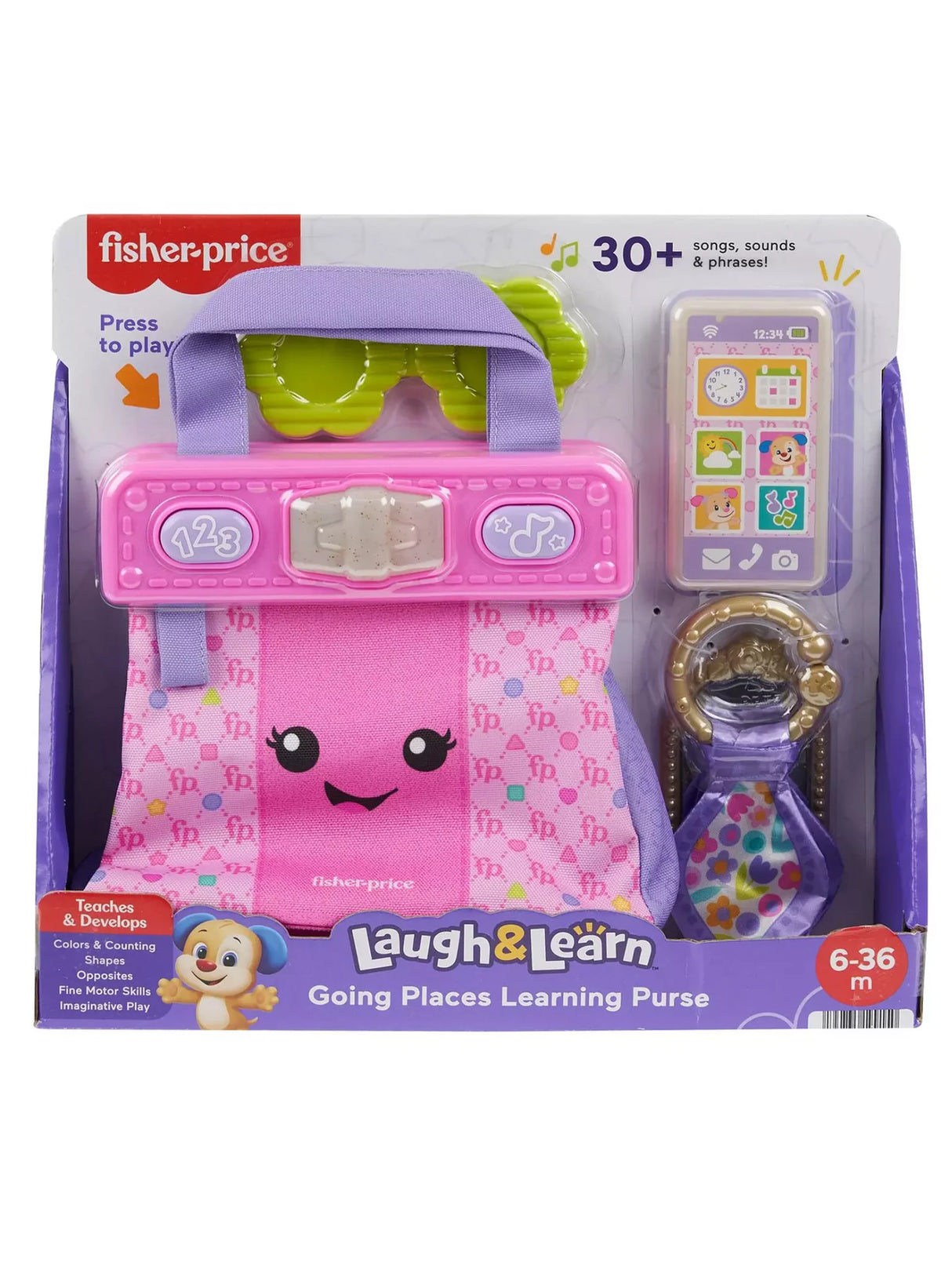 Fisher-Price Laugh & Learn Going Places Learning Purse retail box showing purse and included accessories