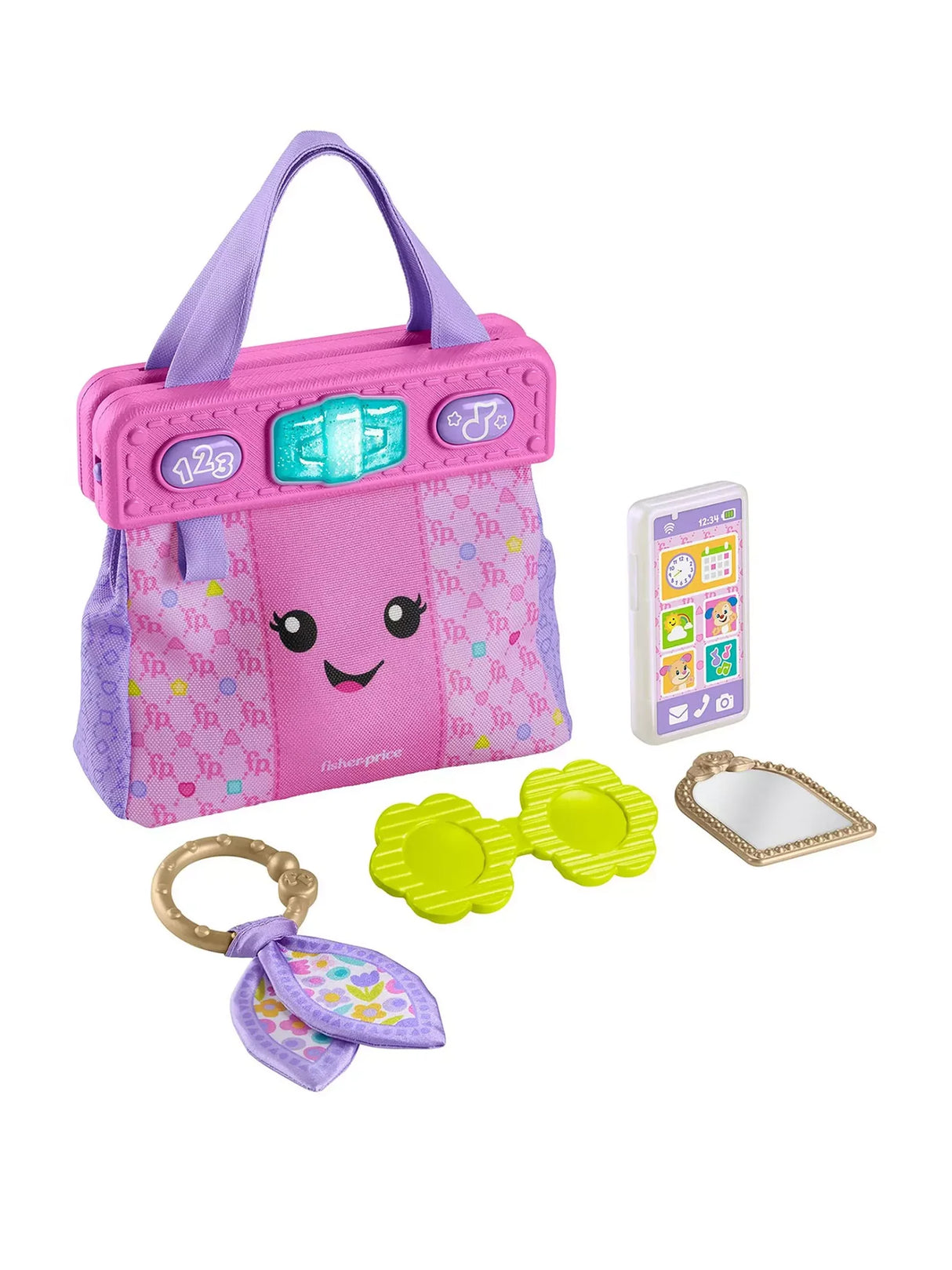 Fisher-Price Learning Purse accessories featuring toy phone rattle, mirror, sunglasses teether and crinkle scarf