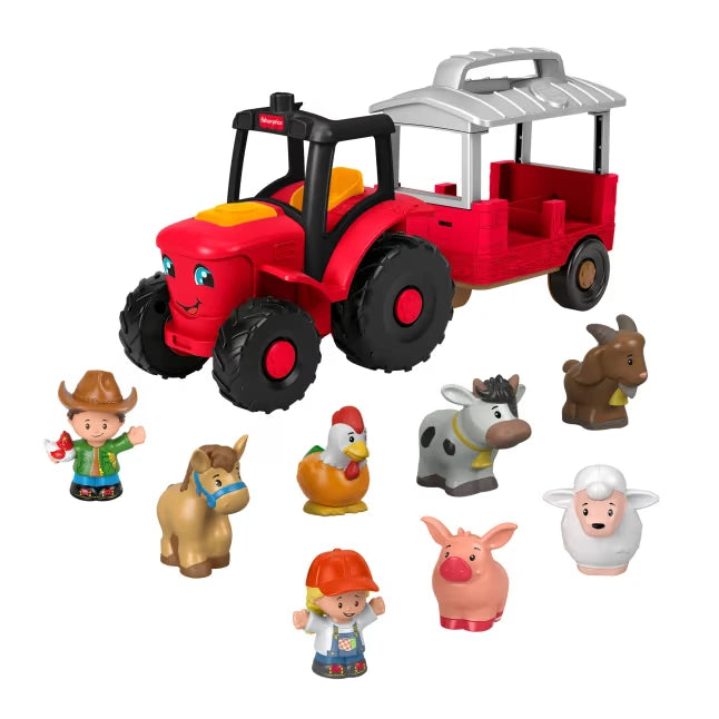 Fisher-Price Little People Caring for Animals Tractor with red trailer, two farmers and six farm animals