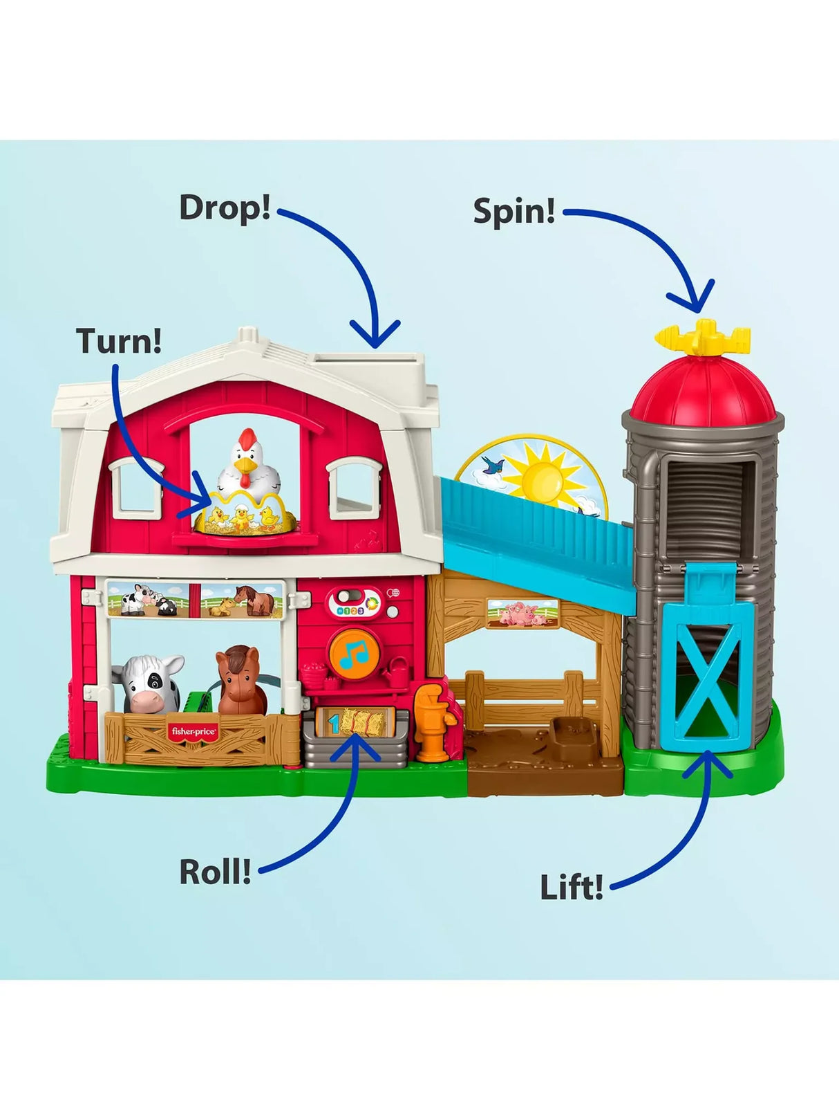 Fisher-Price Little People Caring Fun Animal Farm with arrows showing interactive drop, spin, and roll features.
