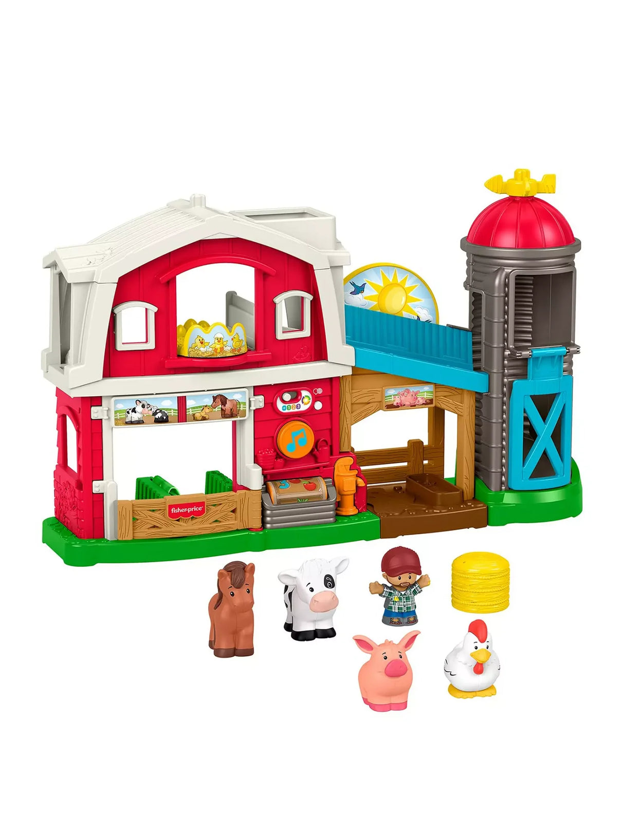 Fisher-Price Little People Caring Fun Animal Farm playset with barn, silo, farmer, and animals.