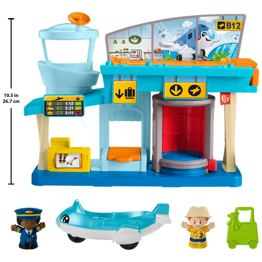 Fisher-Price Little People airport playset shown from the front with height measure, toy plane, figures and luggage