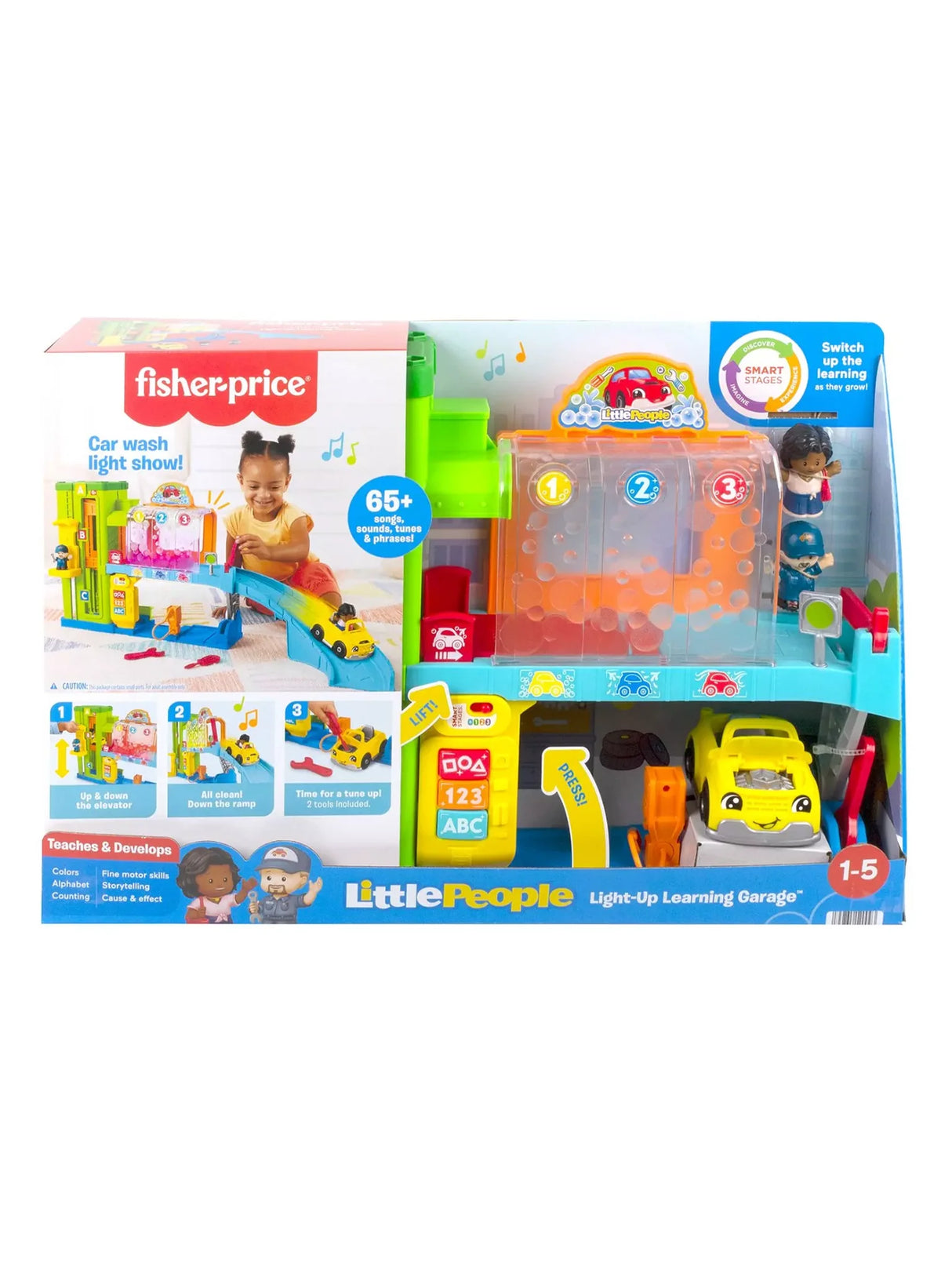 Fisher Price Little People Light Up Learning Garage retail box showing playset with Smart Stages features and included figures