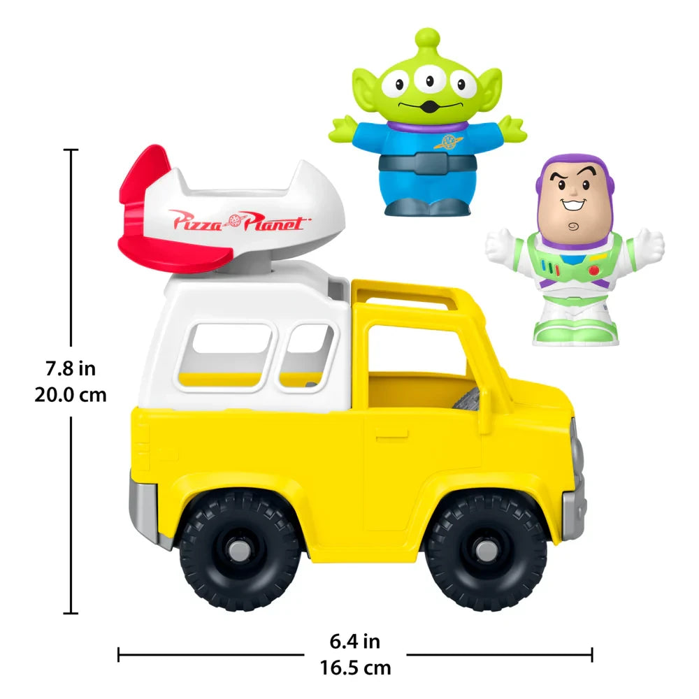 Fisher-Price Little People Toy Story Pizza Planet truck with Buzz Lightyear and Alien figures beside size measurements