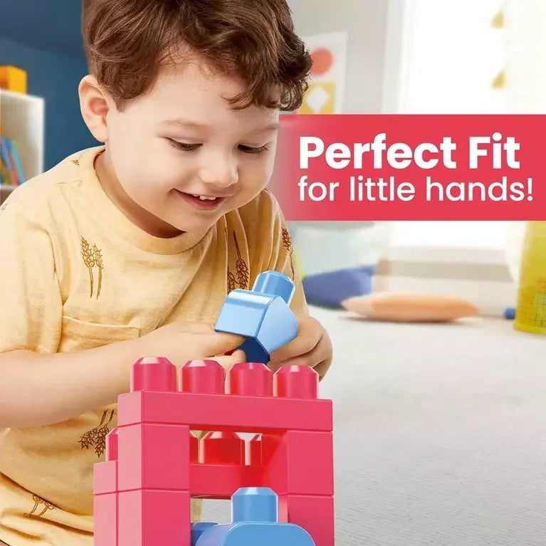 Toddler playing with Fisher-Price Mega Bloks Big Building Bag designed for little hands in Ireland
