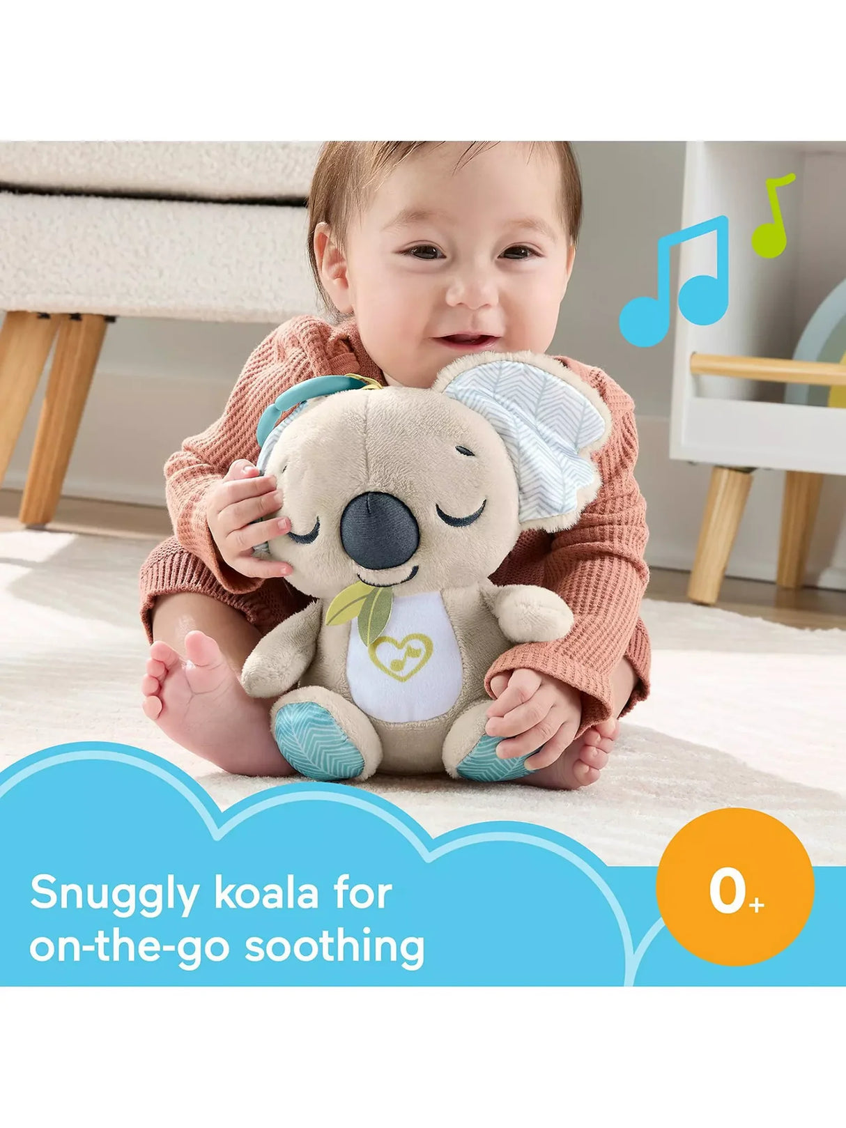 Baby relaxing with Fisher Price On The Go Koala Soother portable plush sound toy