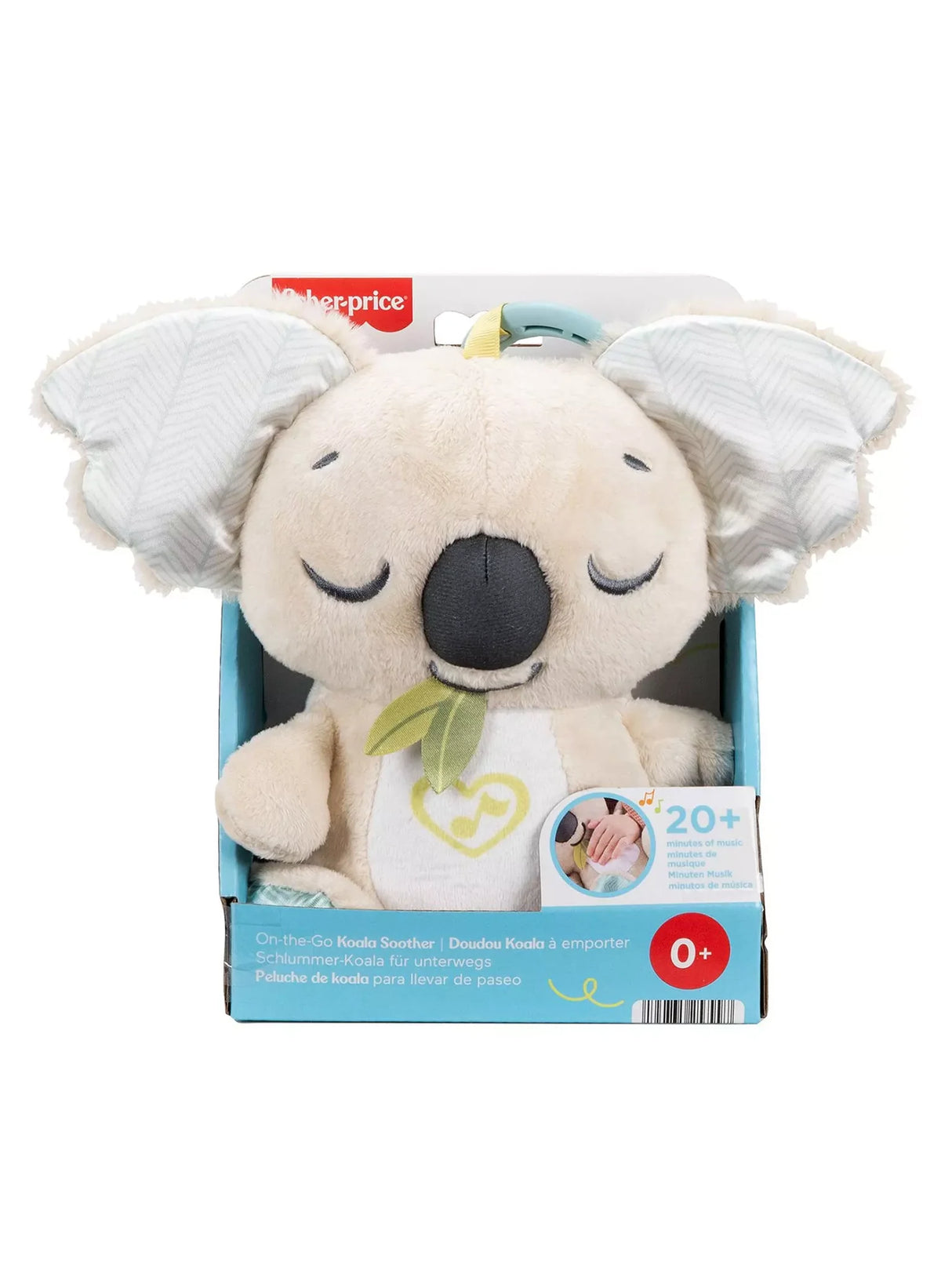 Fisher Price On The Go Koala Soother plush toy in packaging showing sound features