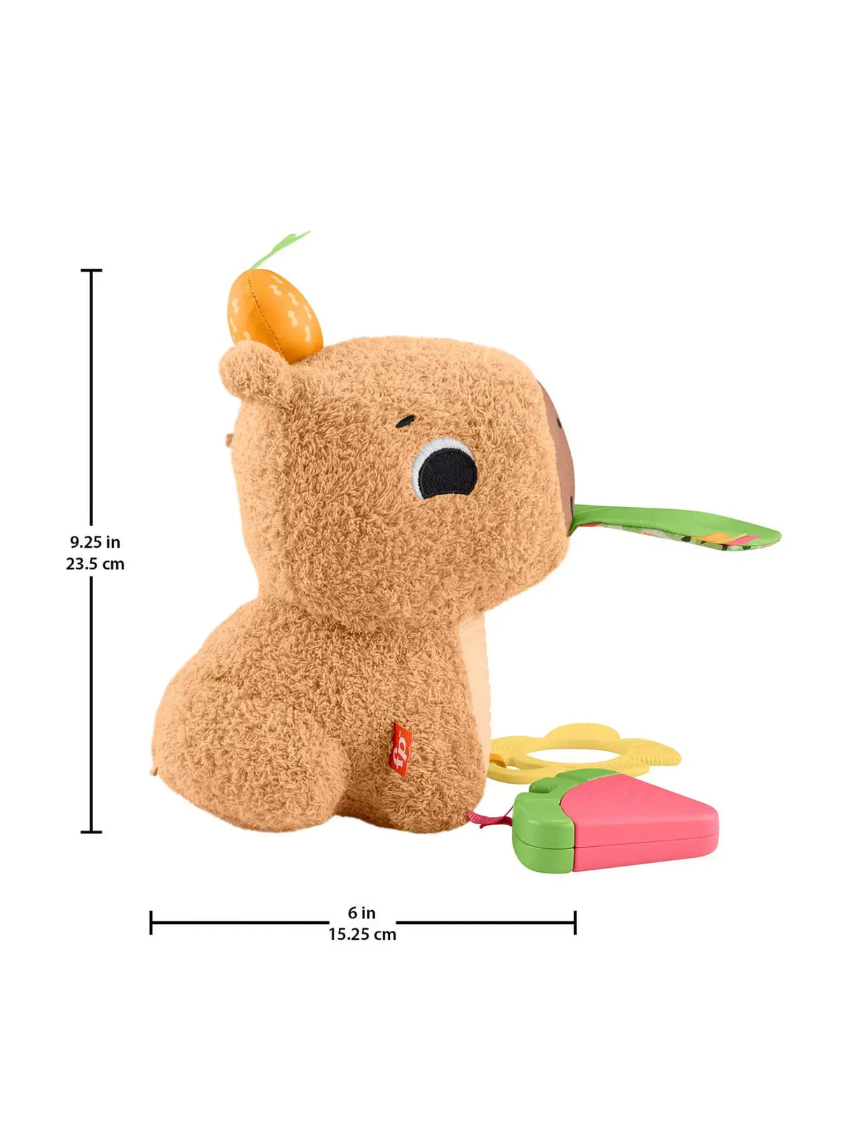 Fisher Price Snuggly Snacky Capybara plush sensory toy shown with measurements and colourful textured play parts.