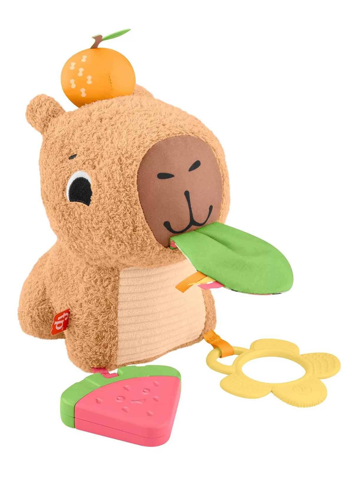 Fisher Price Snuggly Snacky Capybara plush baby toy with crinkle leaf, watermelon rattle, and BPA-free teether.