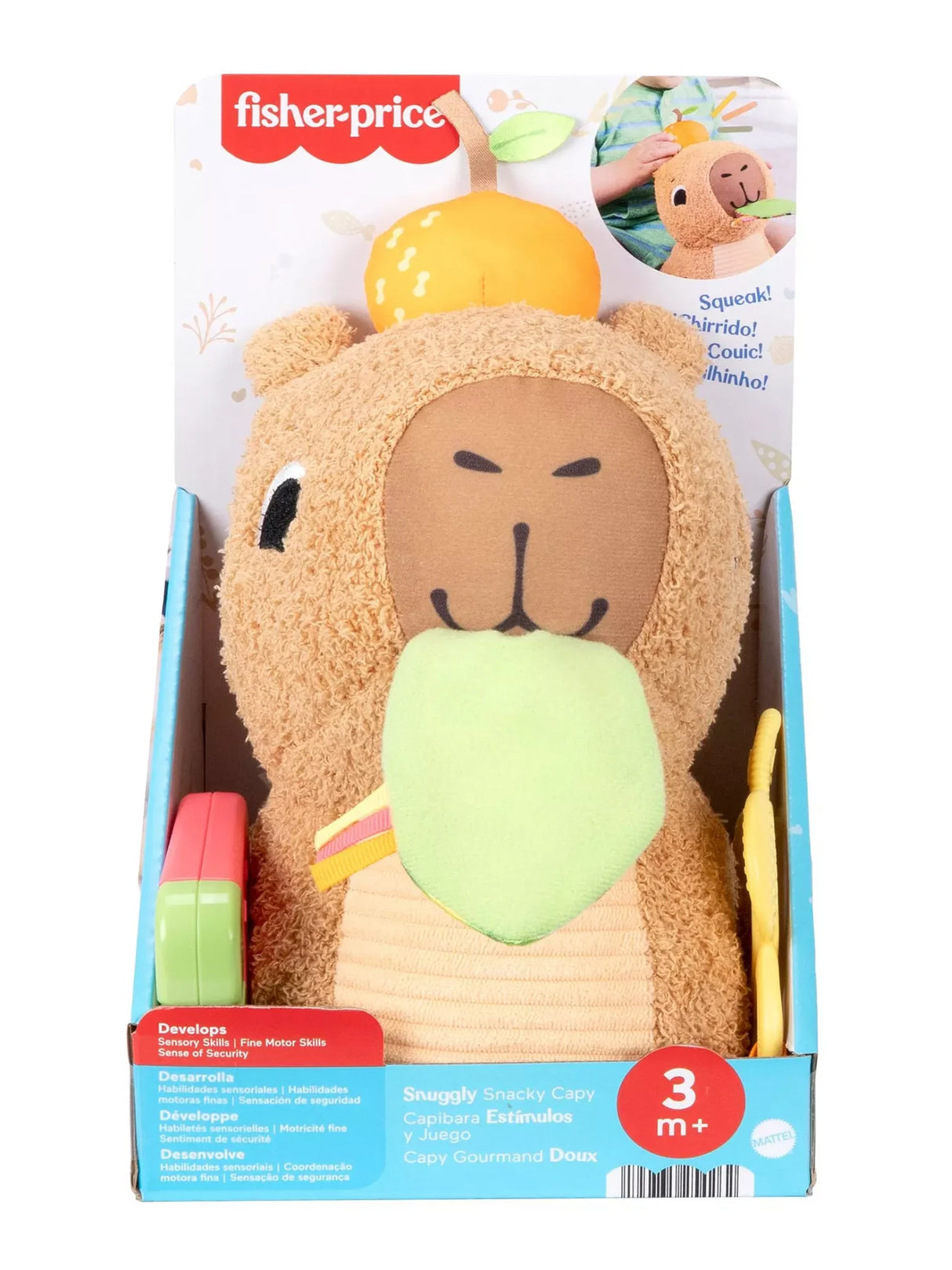 Fisher Price Snuggly Snacky Capybara plush sensory toy for babies shown in retail packaging with teether and rattle.