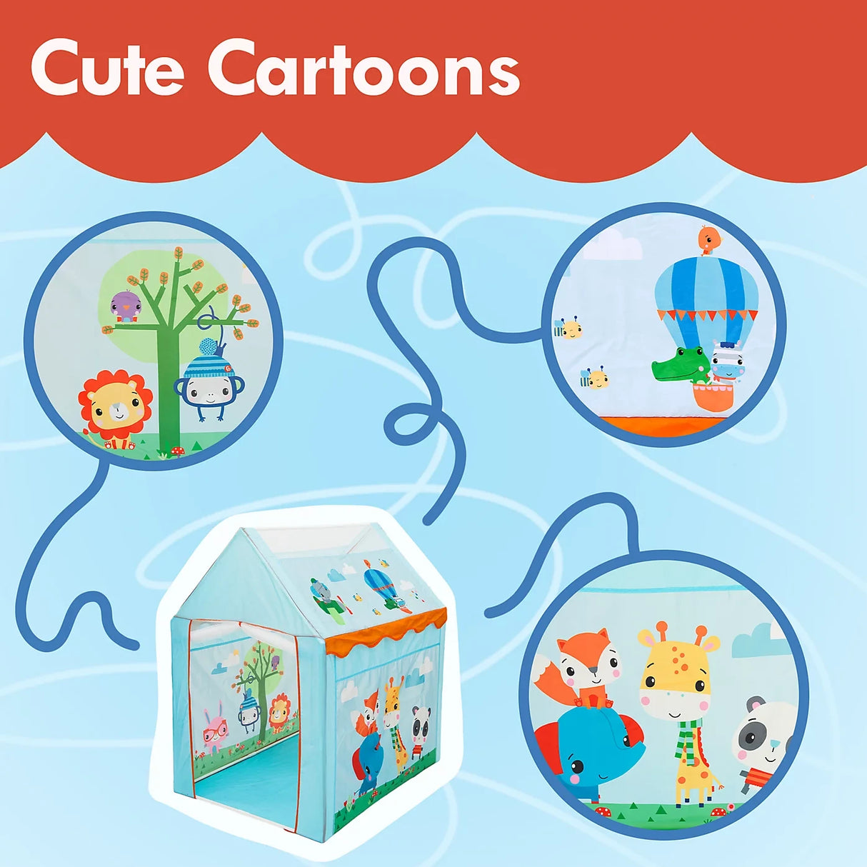 Fisher-Price Sunshine Tent Game House image showing animal cartoon graphics on the tent panels