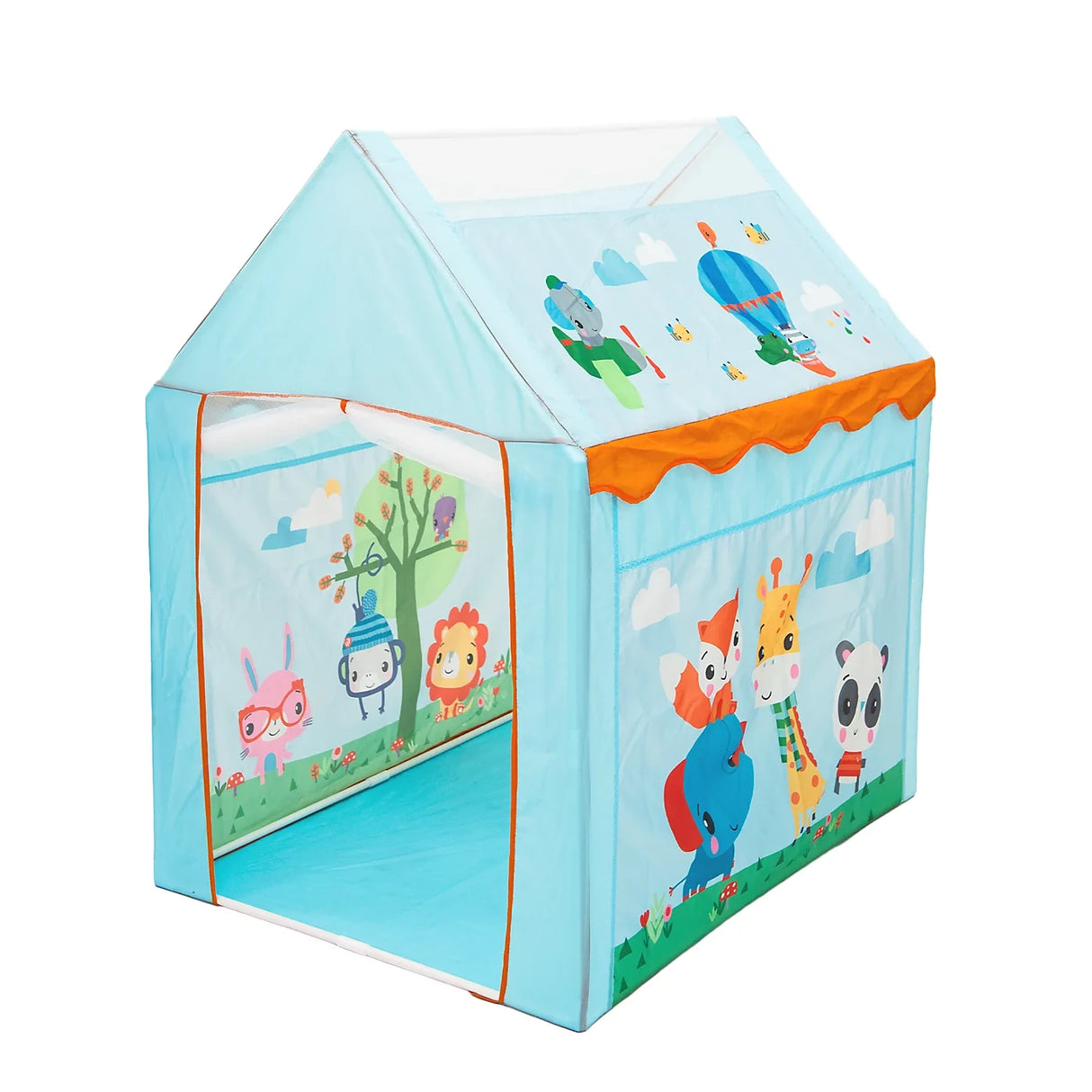 Fisher-Price Sunshine Tent Game House with blue pop-up tent, orange trim and animal graphics