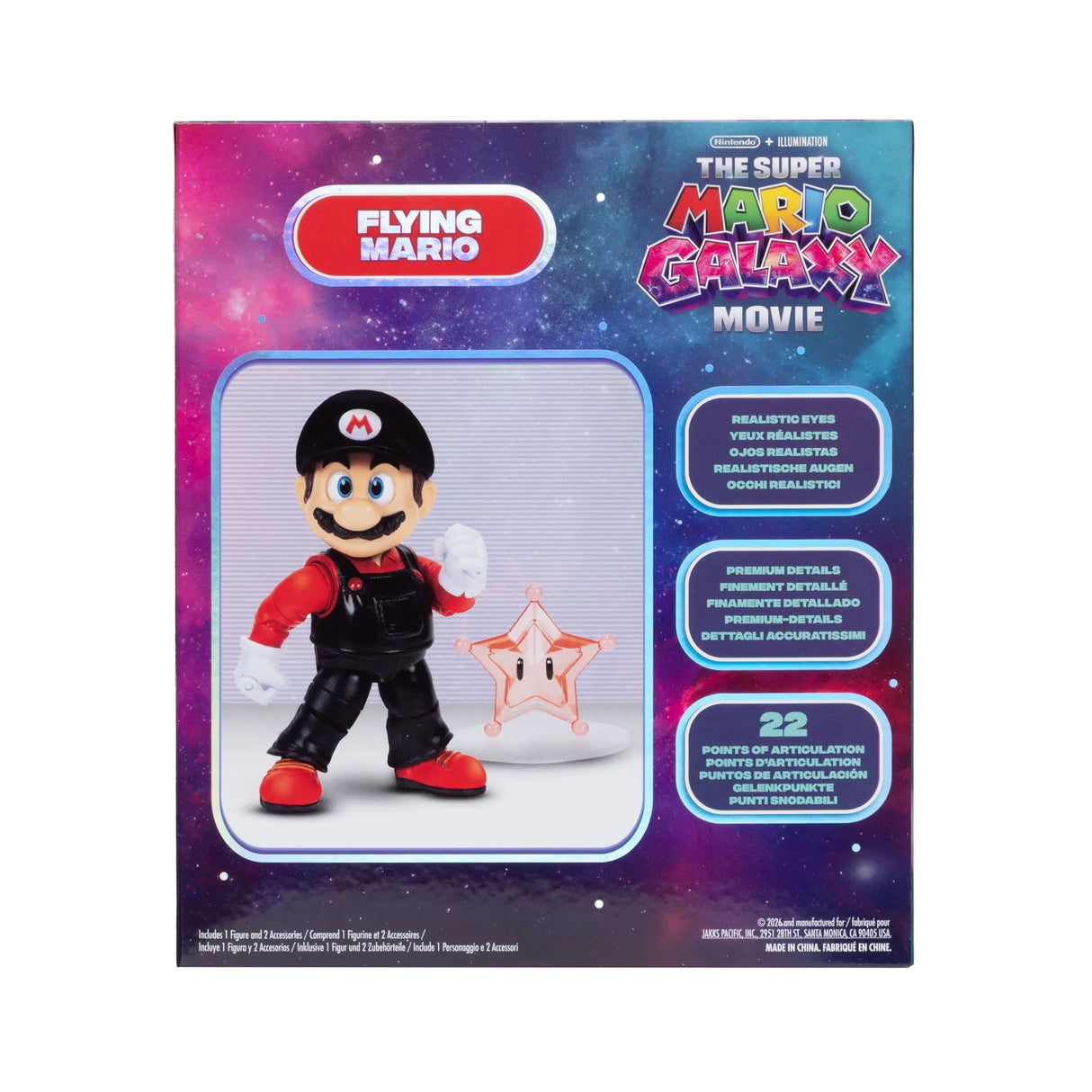 Back of The Super Mario Galaxy Movie Flying Mario packaging showing the figure with Red Star accessory and product features