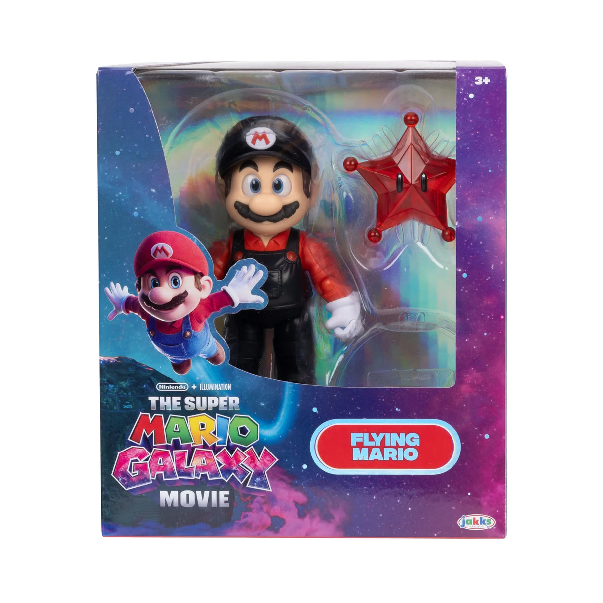 Front of The Super Mario Galaxy Movie Flying Mario packaging with the figure and Red Star accessory visible
