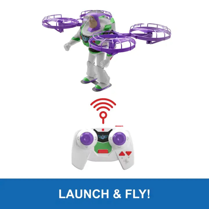 Buzz Lightyear flying above the remote controller with a wireless signal graphic and Launch and Fly text