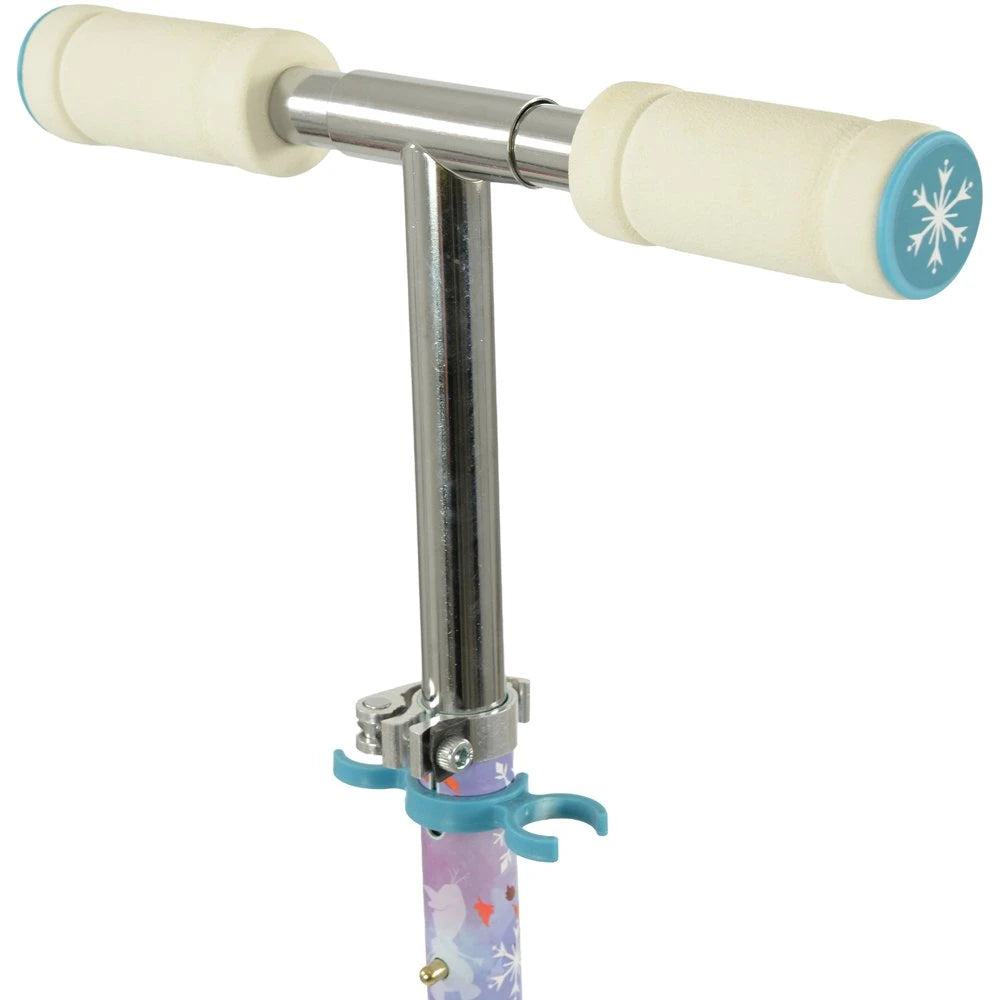 Close-up of the Disney Frozen Folding Inline Scooter T-bar handlebar showing cream foam grips with teal snowflake end caps, chrome stem and height adjustment clamp