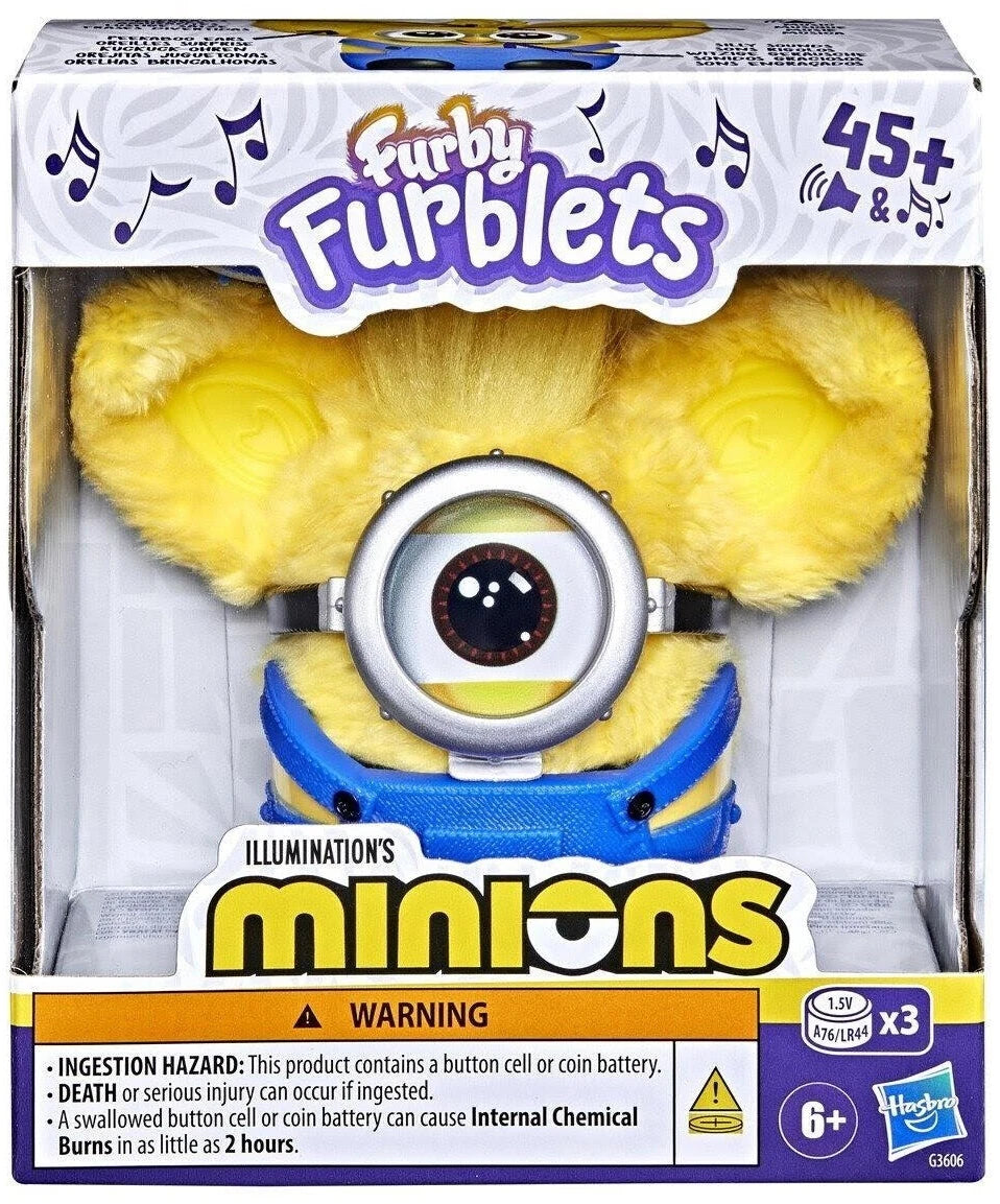 Furby Furblets Minions plush toy displayed in retail box