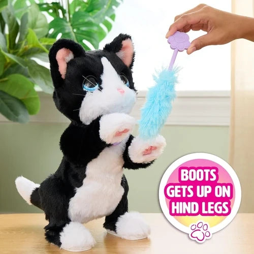 FurReal Boots the Biscuit Making Kitty standing on hind legs reaching for cat toy