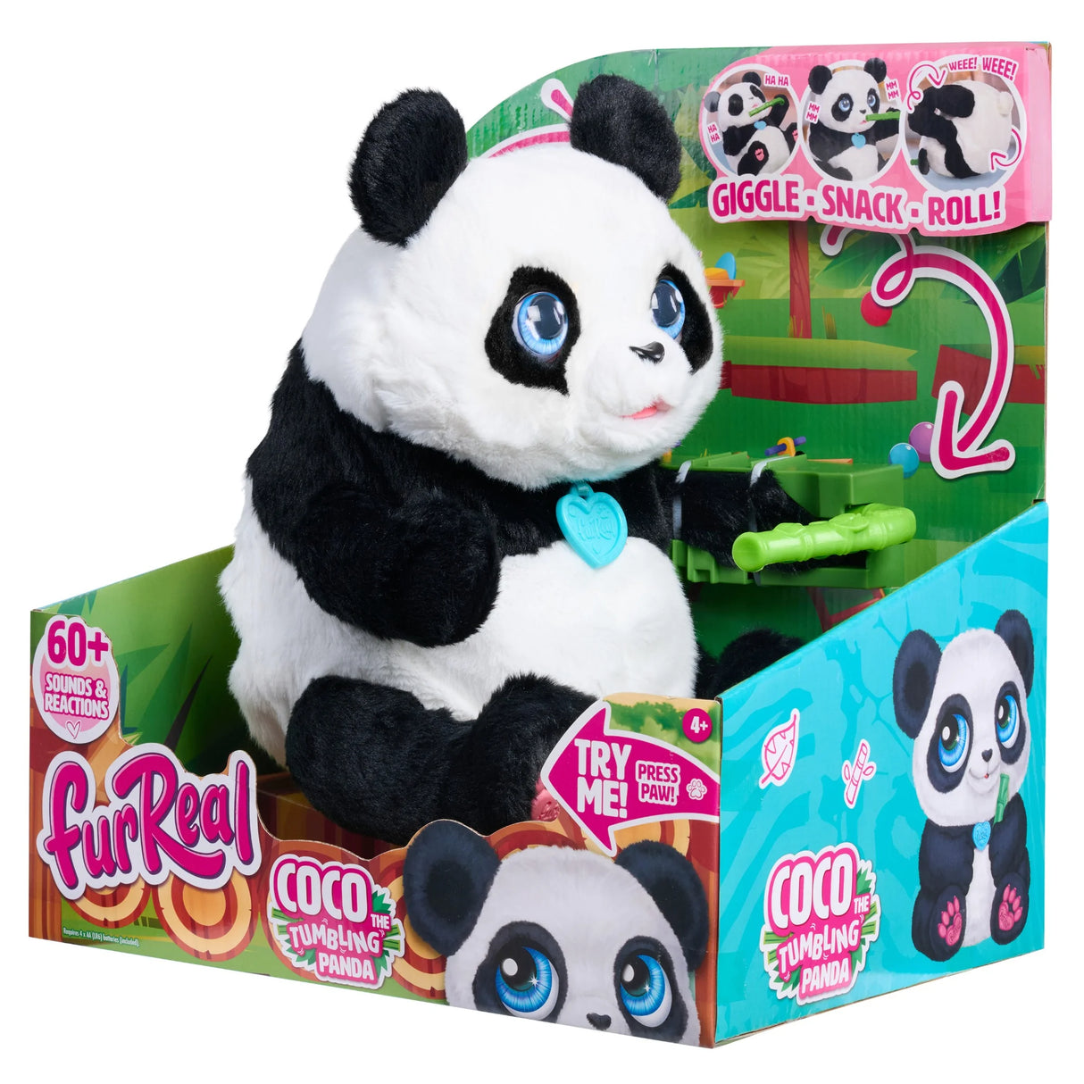 FurReal Coco the Tumbling Panda in packaging with bamboo accessory in Ireland